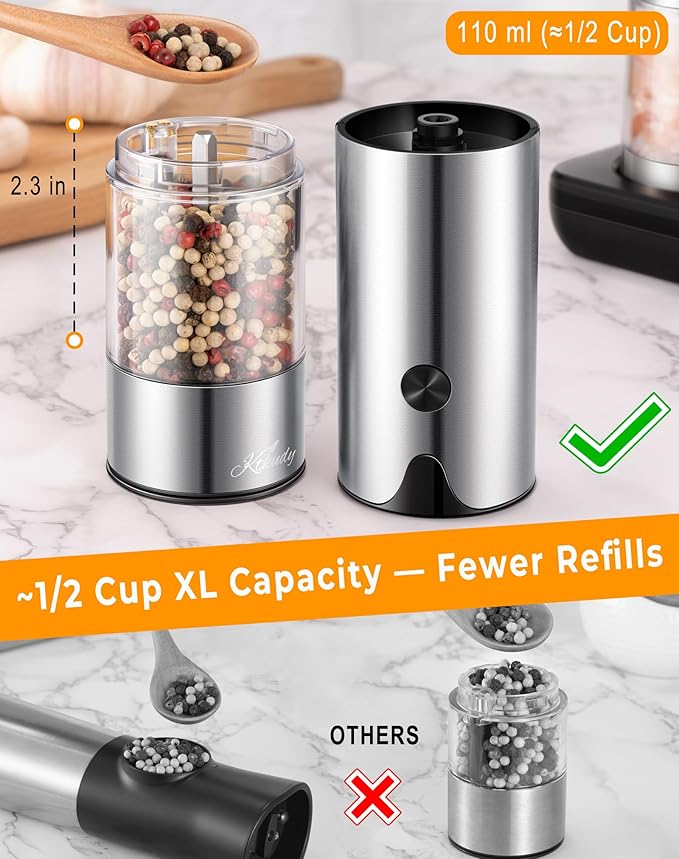 Rechargeable Electric Salt and Pepper Grinder Set - Extra Large Capacity - Automatic Black Peppercorn & Sea Salt Spice Mill Set with Adjustable Coarseness & LED Light Refillable