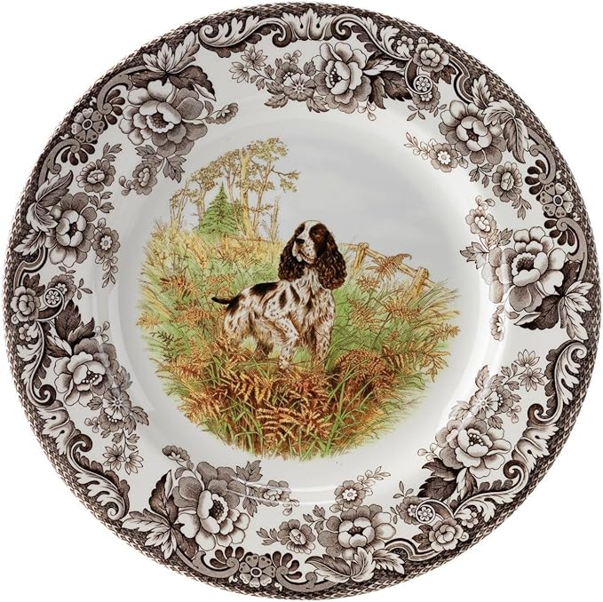Spode Woodland Hunting Dogs English Springer Spaniel Salad Plate - 8 Inch Fine Earthenware, Dishwasher, Microwave & Warm Oven Safe to 225°F - Made in England Rustic Wildlife Tableware