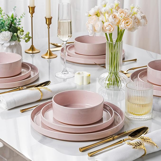 AmorArc Ceramic Dinner Plates Set of 6, 10.25 Inch Stoneware Plates for Kitchen,Modern Flat Dinnerware Dishes Set,Microwave& Dishwasher Safe, Scratch Resistant-Pink