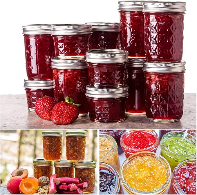 SPANLA Mason Jars, 24 Pack Canning Jars With Regular Lids, Ideal for Jam, Jelly, Honey, Wedding Favors, Shower Favors, DIY Glass Spice Jars - 4 OZ x 8, 8 OZ x 8, 12 OZ x 8 (4oz -8oz-12oz)
