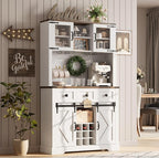 72" Farmhouse Bar Cabinet with Sliding Barn Door, Tall Kitchen Buffet with Storage Hutch and 3 Drawer, Rustic Coffee Wine Bar Sideboard with Wine & Glasses Rack, for Living Room, Pure White