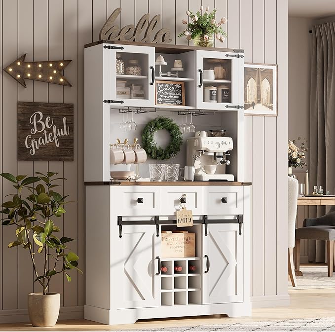 72" Farmhouse Bar Cabinet with Sliding Barn Door, Tall Kitchen Buffet with Storage Hutch and 3 Drawer, Rustic Coffee Wine Bar Sideboard with Wine & Glasses Rack, for Living Room, Pure White