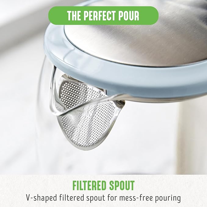 GreenLife 1.7 Liter Glass Electric Kettle, Easy One Touch Use, Quick Heating, Filtered Spout, LED Base, Auto Shut-Off, Cordless Serving, Coffee and Tea, Blue Haze