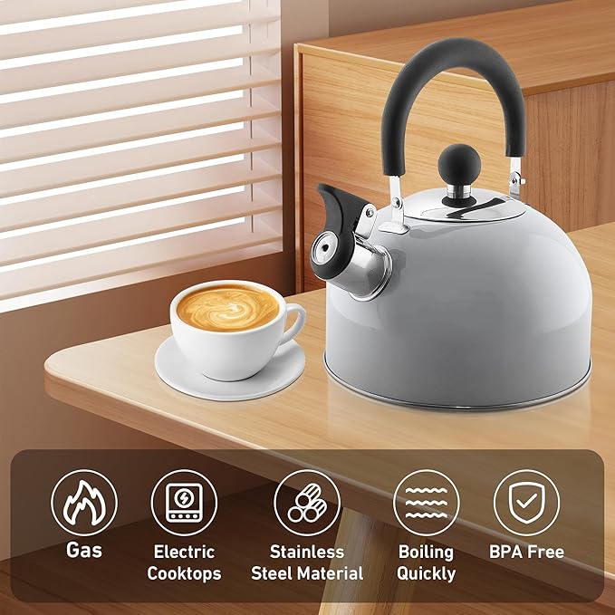 Lily's Home 2 Quart Whistling Tea Kettle, Stainless Steel Stovetop Kettle for Gas & Induction Tops, Classic Whistle Spout, Cool-Touch Handle for Safe Pouring - Perfect for Home, Kitchen, Dorm