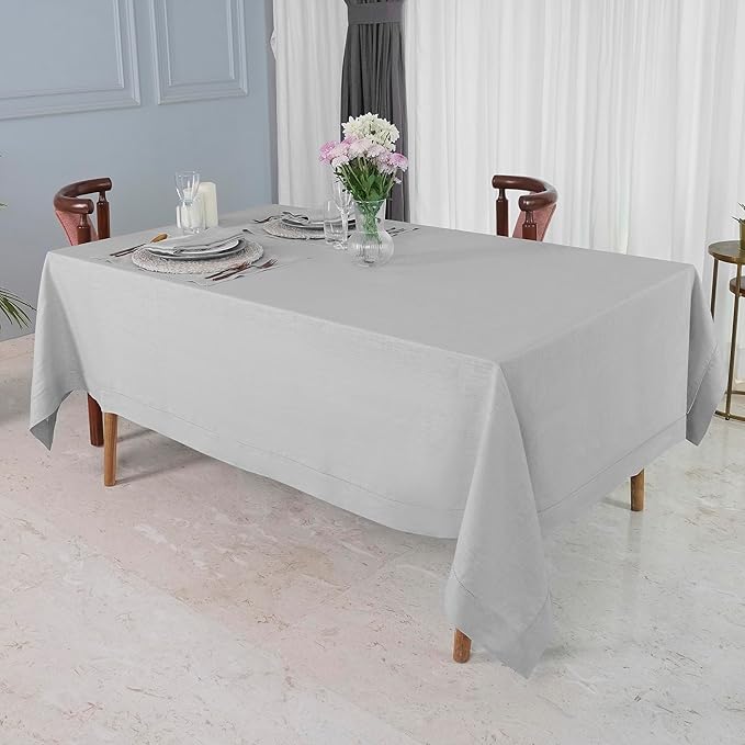 D'Moksha Homes Silver Grey Linen Tablecloth 60 x 120 Inch - 100% Pure Linen Hemstitch Tablecloth for Rectangle Tables - Classic Hemstitch, Machine Washable Table Cloth for Summer, Fall and Halloween