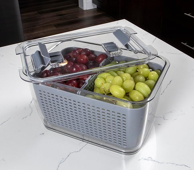 Kitchen Spaces Colander Bin, Produce Saver, Fridge Organizer With Lid, Wash, Strain and Store, Great for Refrigerator, Freezer and Pantry, Large, Gray