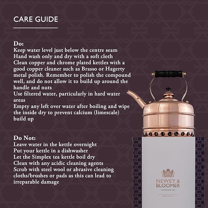 Newey & Bloomer Buckingham No. 1 Tea Kettle, 1.9 Qt. - Solid Copper Body & Tin-Lined Interior, Handmade Vintage Kitchen Essential - Gas Stovetop Compatible, Heat-Resistant Teapot