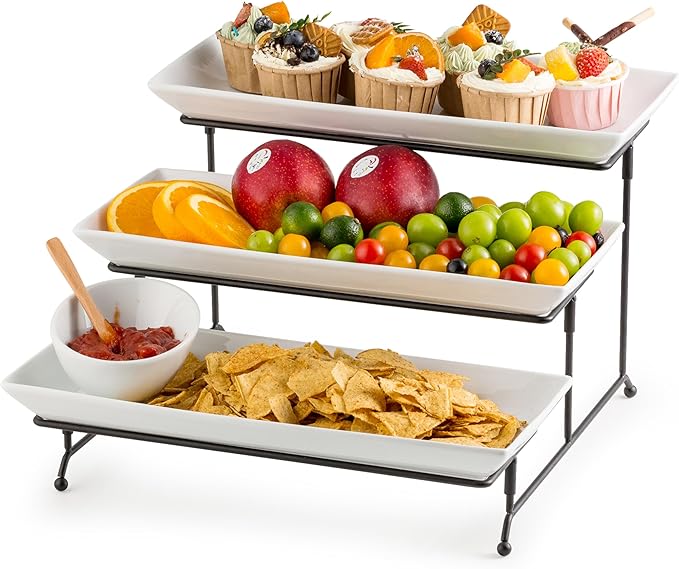 Gomakren 3 Tier Serving Trays Stand 14 Inches Serving Platters Rectangular Large Serving Plates for Party Display Set Collapsible Sturdier Rack, Christmas Serving Trays and Platters
