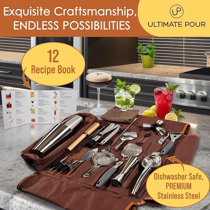 Professional Bartender Kit Travel Bag with Cocktail Shaker Set | Portable Bartending Mixology Bar Set with 18/28 oz Boston Shaker | Pro Bar Tools Perfect for Home, Bar, Parties, Beach, BBQ | 24 Pcs