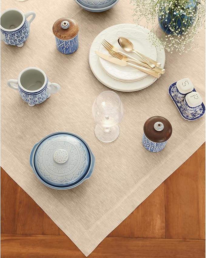 Solino Home Linen Cloth Tablecloth 52 x 52 Inch - 100% Pure Linen Champagne Beige Square Tablecloth - Athena, Machine Washable Table Throw for Summer, Fall, Autumn