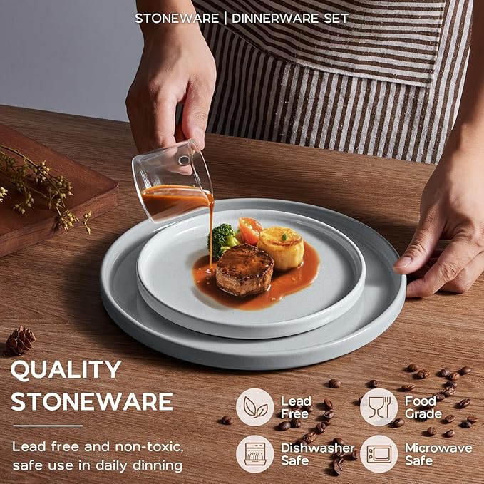 Plates and Bowls Sets, Onader 16 Pieces Stoneware Dinnerware for 4, Kitchen Dinner Dish Set with Pasta Bowl, Ceramic Dishware Dining Ware, Microwave & Dishwasher Safe - Slate Gray