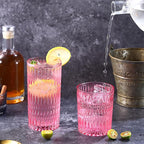 Glassware Drinking Glasses Set of 8, 14 oz Highball Glasses & 10 oz Ribbed Glass Cups, Vintage Glassware for Water, Juice, Cocktail, Whiskey (Pink)
