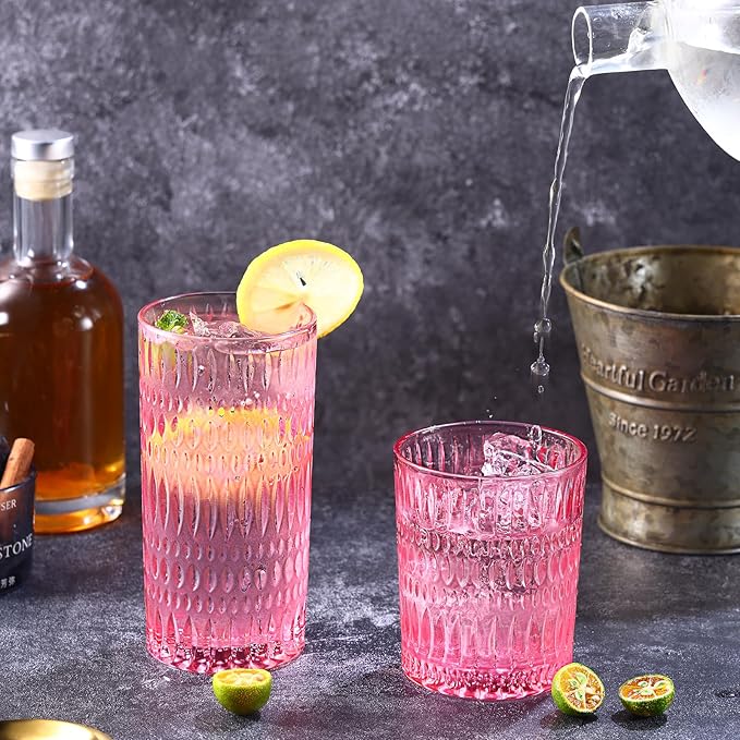 Glassware Drinking Glasses Set of 8, 14 oz Highball Glasses & 10 oz Ribbed Glass Cups, Vintage Glassware for Water, Juice, Cocktail, Whiskey (Pink)