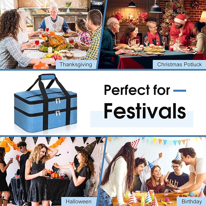 Double Insulated Casserole Carrier, Portable Casserole Carrier for Hot or Cold Food Lunch Tote Warmer or Cooler Bag, Lasagna Lunch Bag for Potluck Parties- Fits 9" x 13" Baking Dish-Azure