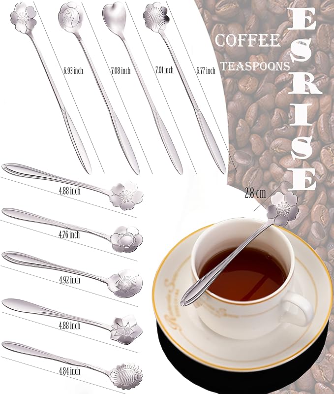 9 Pcs Flower Spoon Coffee Teaspoon Set, ESRISE Stainless Steel Tea Spoon for Tea Party Decorations (Silver)