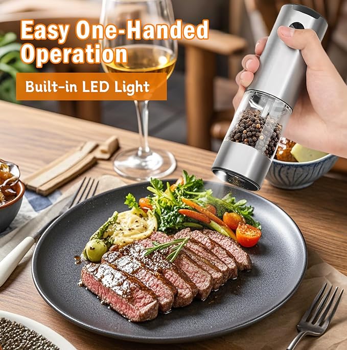 Electric Salt and Pepper Grinder, Stainless Steel Pepper Mill with Light, Adjustable Coarseness Salt & Pepper Mill Electronic Pepper Shaker Battery Operated One Handed Operation Grinder (Silver)