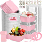 60 Pack Mini Cake Pans with Lids and Spoons, 5oz Square Aluminum Foil Loaf Pans Pink Small Cake Tins Disposable Baking Pans Dessert Cupcake Cups with Ribbon Decals for Wedding Birthday Party Picnics