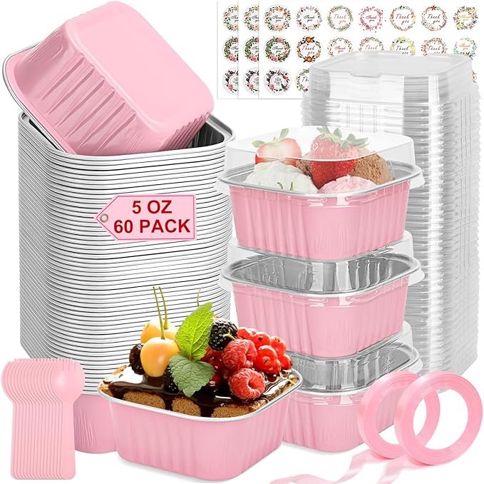 60 Pack Mini Cake Pans with Lids and Spoons, 5oz Square Aluminum Foil Loaf Pans Pink Small Cake Tins Disposable Baking Pans Dessert Cupcake Cups with Ribbon Decals for Wedding Birthday Party Picnics