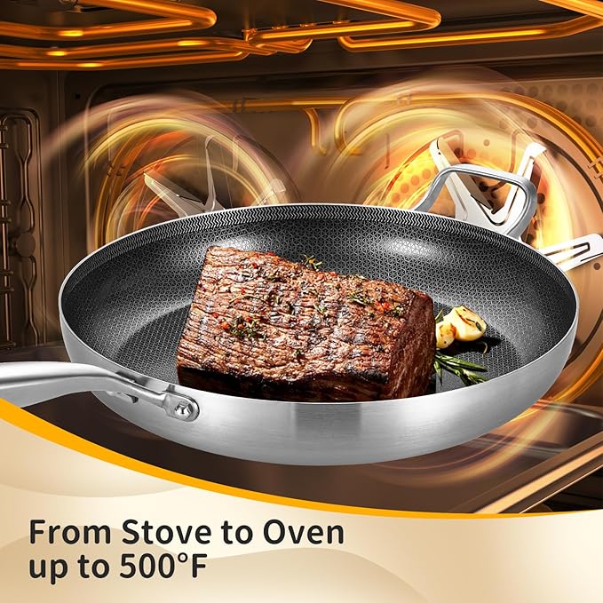 Inqibee 12-Inch Hybrid Tri-Ply Stainless Steel Non Stick Chef's Frying Pan with Lid and Helper Handle,Skillet,Induction Cooking Pan,Dishwasher and Oven Safe