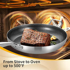 Inqibee 14-Inch Tri-Ply Hybrid Ceramic Non stick Stainless Steel Frying Pan with Lid,Large Skillet,Induction Chef's Cooking Pan,Dishwasher and Oven Safe,Detachable Handle