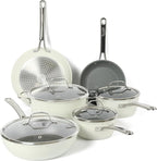 Sur La Table Kitchen Essentials 10 Piece PFA Free Non-Toxic Titanium Ceramic Nonstick Interior Forged Aluminum Cookware Pots and Pans Set - Linen White - Induction Compatible