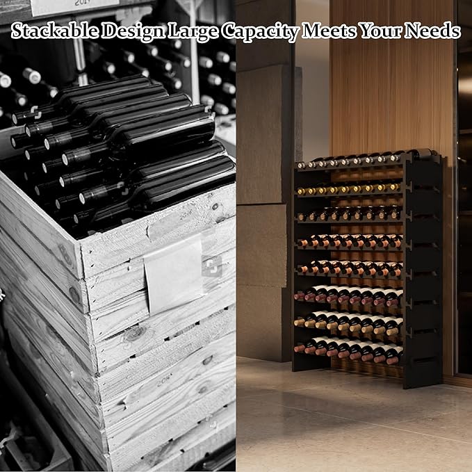 Bambloom Wine Rack Freestanding Floor, Stackable Wine Bottle Storage, Wooden Free Standing Wine Stand Organizer for Kitchen,Cellar. 36 Bottles Wine Holder Display Shelves for Champagne (Black)