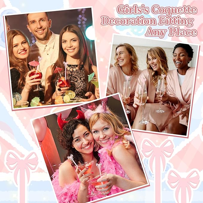 50 Pcs Bow Drink Stirrer, Reusable Acrylic Cocktail Stirrers, 15 cm / 6 in Pink Bow Swizzle Stir Sticks for Cocktails Coffee Bachelorette Party Wedding Festival Decoration