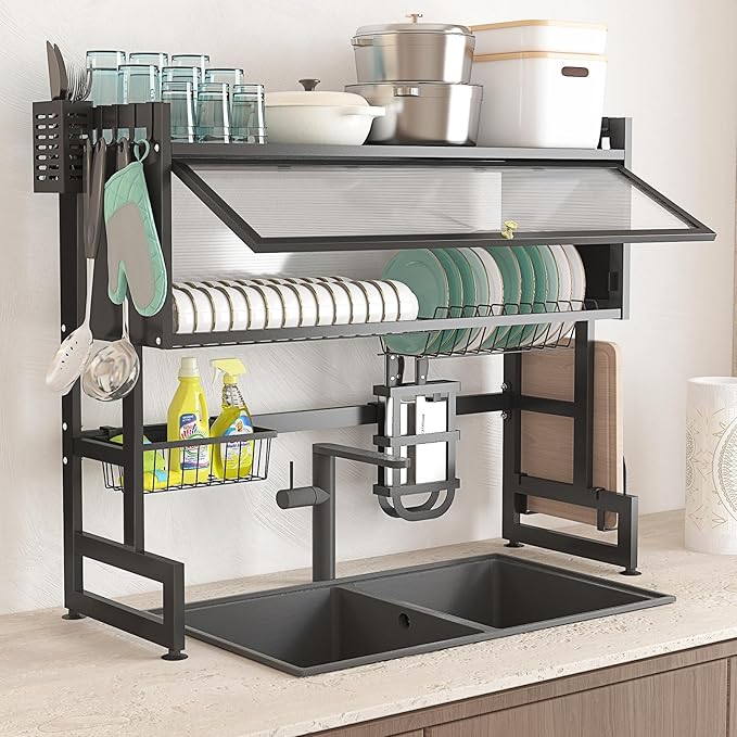 bukfen Dish Drying Rack, Over The Sink Dish Drainer Drying Rack 2 Tier Dish Rack with Cover for Kitchen (Black, Large 37.40 Length)