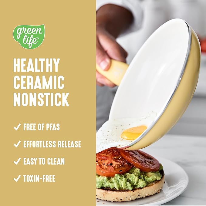 GreenLife 16 Piece Nonstick Cookware Set, Soft Grip Non-Toxic PFAS-Free Ceramic Pots & Pans, Dishwasher & Oven Safe, Frying, Sauce, Saute, Utensils, Glass Lids, Stay-Cool Handles, Wobble Free, Yellow