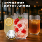 Glaver's Drinking Glasses Set of 8. 17oz Vintage Drinking Cups. Ripple Cocktail Glasses, Ribbed Drinking Highball Glass Cups. Arch Designed Art Deco Glassware for Water Juice Coffee. Package may Vary