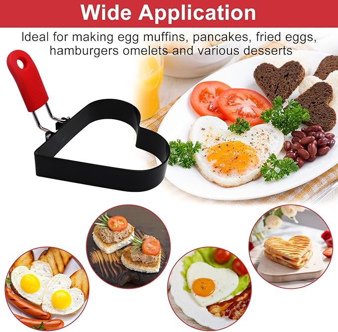 3.5 Inch Heart Egg Rings for Frying Eggs with Foldable Handle, 2 Pack Stainless Steel Heart Egg Shaper, Eggs Mcmuffin Ring Mold for Camping Pancake Sandwiches