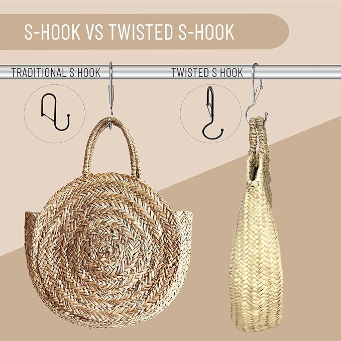 6 Purse Hanger for Closet. Tote Hanger. S-Shaped Hooks S Hooks Twist Design. Anti Drop S-Shaped Hook for hanging handbags with Safety Buckle to Prevent Falls. Heavy Duty. (Silver, Twisted)