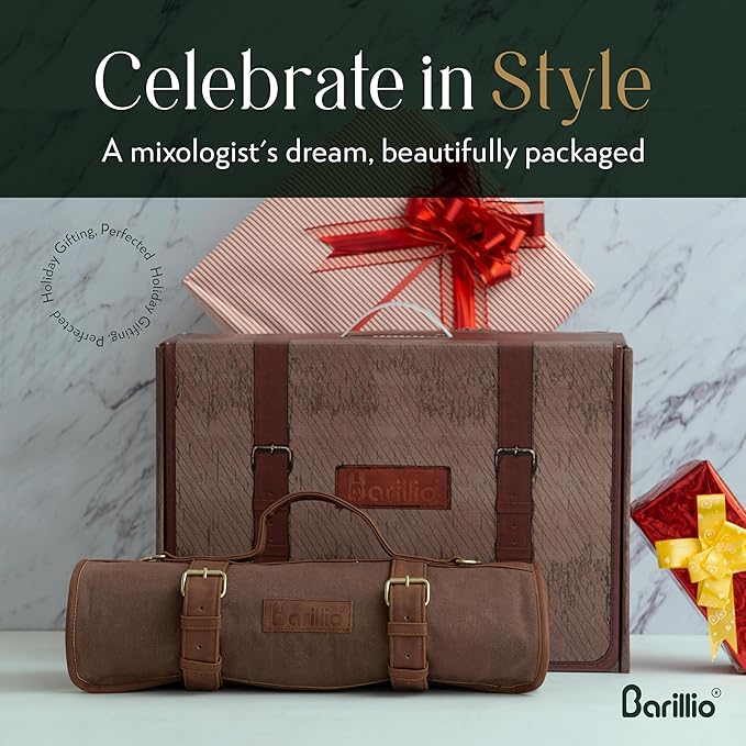 Barillio Bartender Kit Bag with Gold Cocktail Shaker Set - Waxed Canvas, Traveling Bar Tools Bag with 17-Pc Cocktail Kit - Travel Mixology Bartending Kits - Mobile Bar Roll with Strap & Accessories