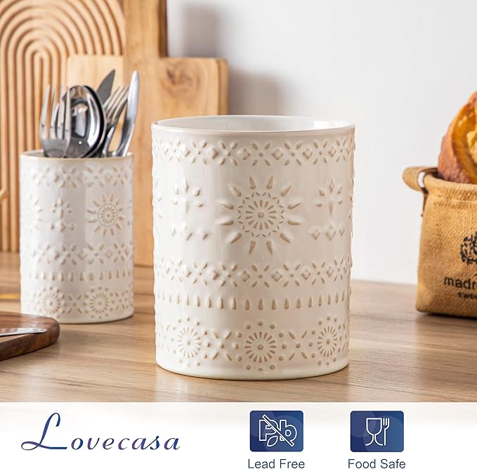 LOVECASA Utensil Holder, 7.2"+5.4" Ceramic Utensil Holder for Countertop, Large Cooking Utensil Crocks for Kitchen Counter, Farmhouse Utensil Vase for Housewarming, Kitchen Decor, Set of 2, Oasis