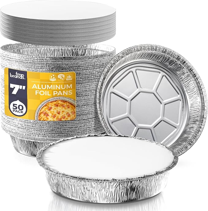 Fit Meal Prep 50 Pack 7” Round Aluminum Foil Pans with Lids, Pie Tins Disposable 7 inch with Lids, Take Out Containers, Freezer Oven Safe Aluminum Baking Pans for Storing, Cooking, Storage, Reheating