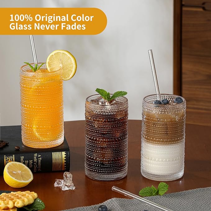 Vintage Hobnail Drinking Glasses Set of 6, 16 oz Large Capacity Embossed Clear Tumblers, Highball Glasses for Water, Cocktail, Beer, Whiskey, Kitchen & Bar Use