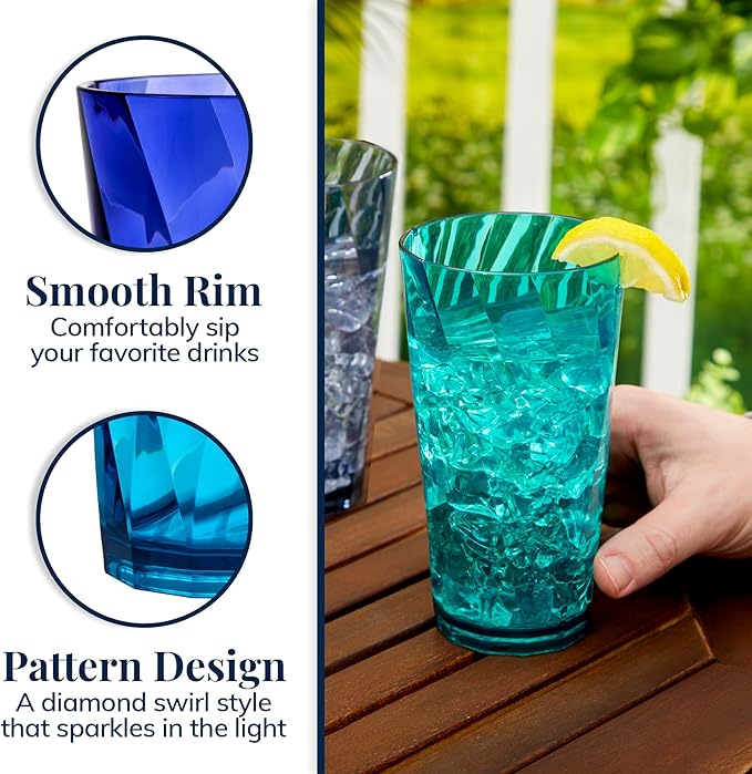 US Acrylic Optix Plastic Reusable Drinking Glasses (Set of 8) 20oz Water Cups in Coastal Colors | BPA-Free Tumblers, Made in USA | Top-Rack Dishwasher Safe