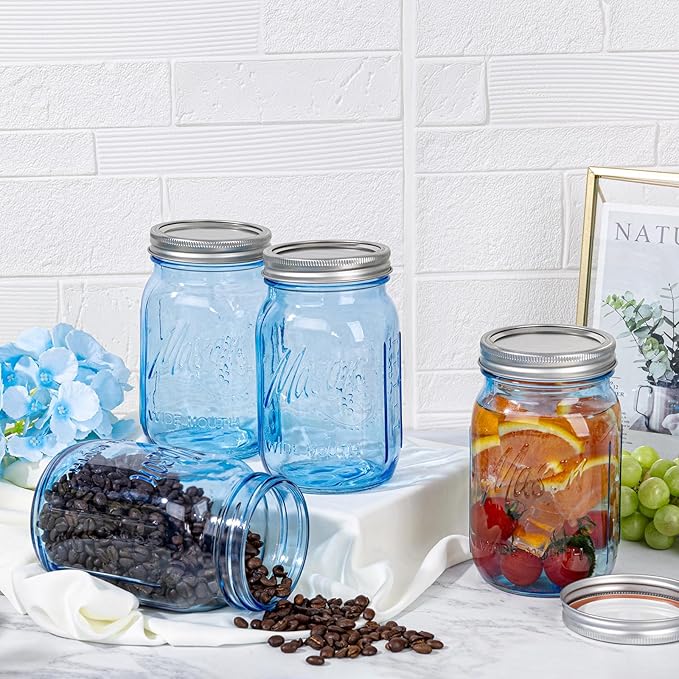 WELLIFE Wide Mouth Mason Jars,2 Pack Blue Mason Jars 32 OZ,Mason Jar for Decor Canning & DIY Crafts,Food Storage,Fermenting,Pickling,Meal Prep