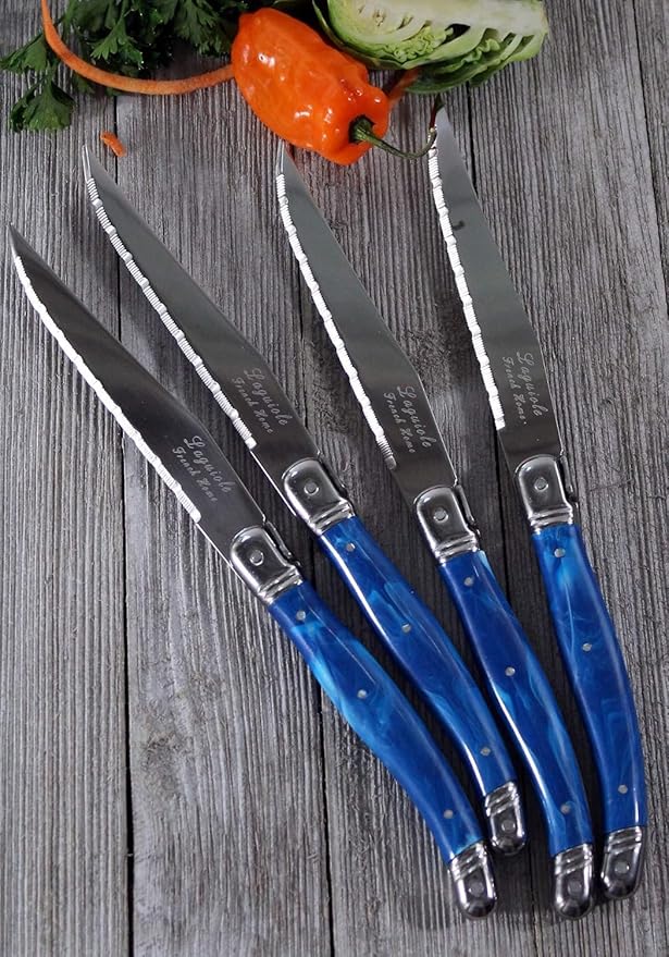 French Home Laguiole 4-Piece Steak Knife Set – Sophisticated Stainless Steel Dinner Knives with Blue Marble Handles & Iconic Bee Emblem – Serrated Knives for Smooth Cutting (9.25")