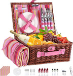Picnic Basket Set for 4 with Waterproof Blanket Mat Insulation Bag Wicker Pink Red Stripe Classic Gift for Wedding Birthday Summer Camp Outdoor Camping Beach Travel Christmas Vacation