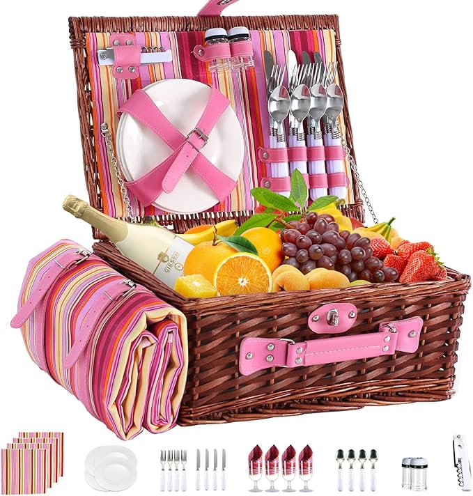 Picnic Basket Set for 4 with Waterproof Blanket Mat Insulation Bag Wicker Pink Red Stripe Classic Gift for Wedding Birthday Summer Camp Outdoor Camping Beach Travel Christmas Vacation