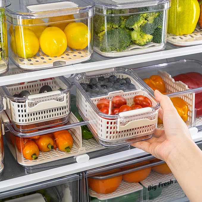 Felli Duo Fresh Produce Saver, ALL IN ONE Fridge Fruit Vegetable Container for Wash & Store with Vent & Drain Trays, Colander Strainer Bin for Refrigerator, Watermelon Berry Storage Keeper, Gifts