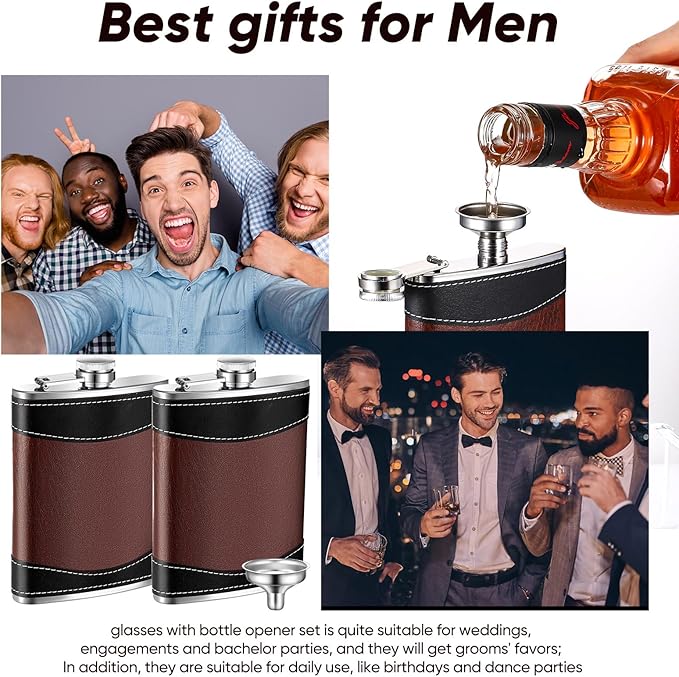 Rtteri 30 Set 8 oz Leather Hip Flasks for Liquor for Men Leak Proof Stainless Steel Drinking Flasks with Funnel Soft Wrap Whiskey Vessels for Wedding Bridesmaid Christmas Gifts (Brown)
