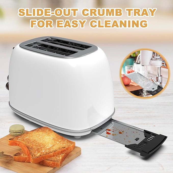 Toaster 2 slice,Retro Stainless Steel Toaster with 6 Settings, 1.5 In Extra Wide Slots, Bagel/Defrost/Cancel Function, Removable Crumb Tray (White)