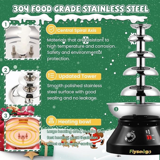 Chocolate Fountain Commercial Hot Chocolate Fondue Tower 5 Tier 7-Pound Large Capacity Stainless Steel Chocolate Melting Heating Machine for Nacho Cheese for Party Wedding (Flash Black)