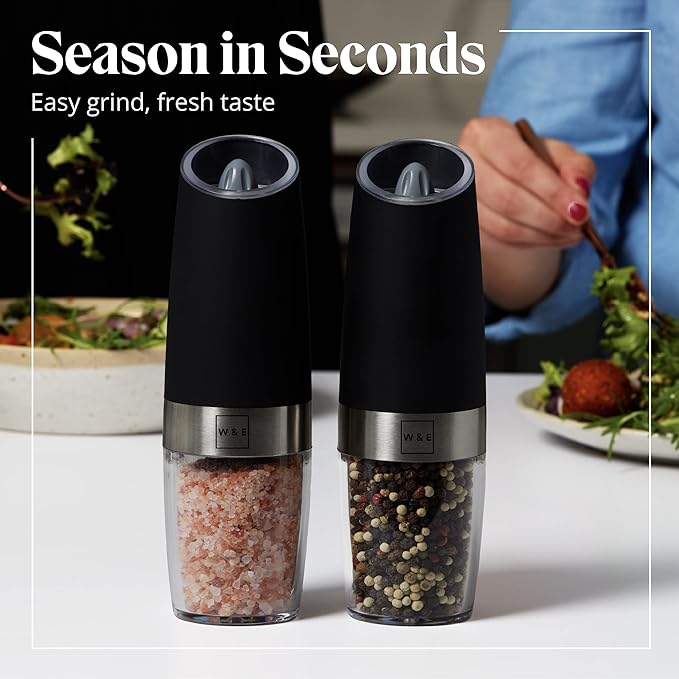 Willow & Everett Electric Salt and Pepper Grinder Set - Battery-Operated, Automatic Salt and Pepper Shakers - Black and Stainless Steel Gravity Electric Salt Grinder & Pepper Mill for Seasoning