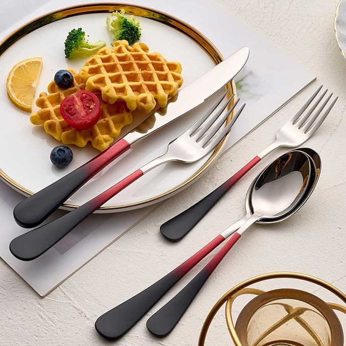 20-Pieces Black Red Silverware Sets for 4,Black Red Handle Stainless Steel Cutlery Set, Include Forks Spoons and Knives Set, Dishwasher Safe Utensil Sets for Home Restaurant