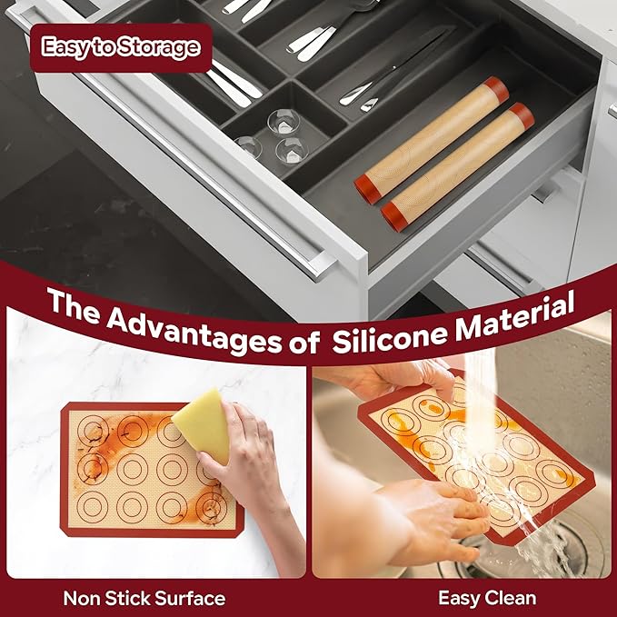 P&P CHEF 8.6 Inch Silicone Baking Mats, 2 Pcs Reusable Silicone Oven Mat, Non Stick Baking Supplies for Macaroon Pastry Bread Dough Cookie, Fits Well with Sheet Pan, Healthy & Easy Clean