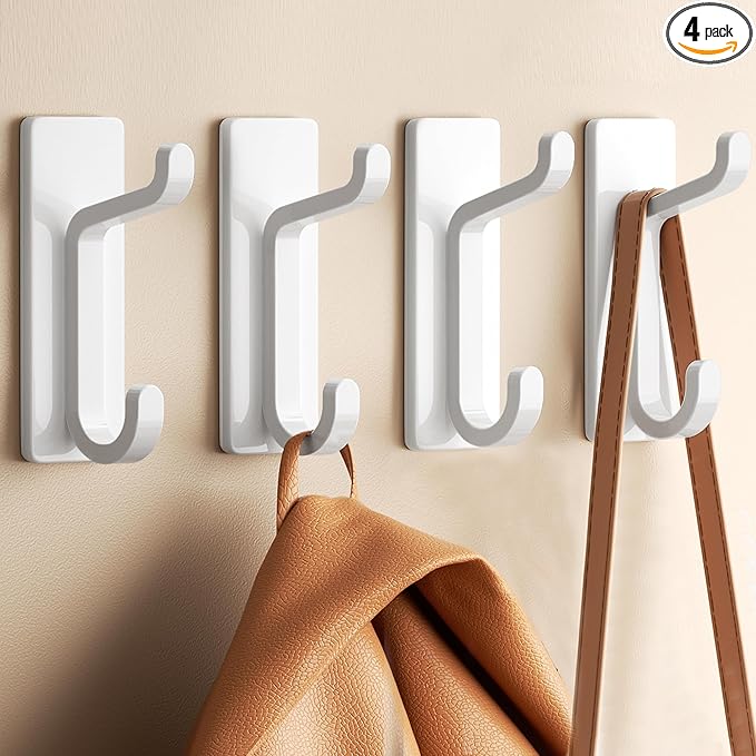 Self Adhesive Wall Hooks for Hanging: Extra Strong 13 LB, Hook for Coat, Towel in Bathrooms, Shower, Kitchen, Wall, Door Hook, White 4 Pack