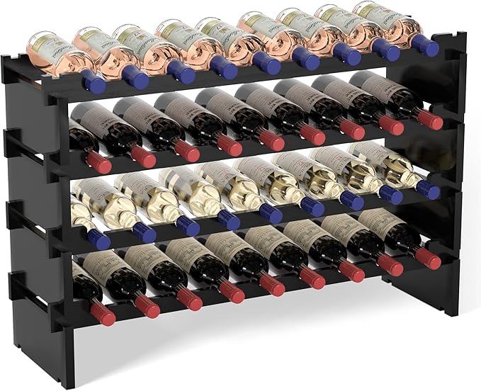 Domax Wine Rack Freestanding Floor - 36 Bottle Wooden Stackable Wine Storage Holder for Cabinet, Bar, Pantry and Cellar 33.5 inch Wide(Black)